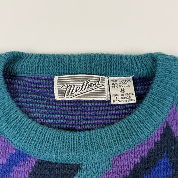 Vintage Abstract Blue Purple Retro 80s Acrylic Wool Blend Sweater Size Medium - Picture 5 of 6